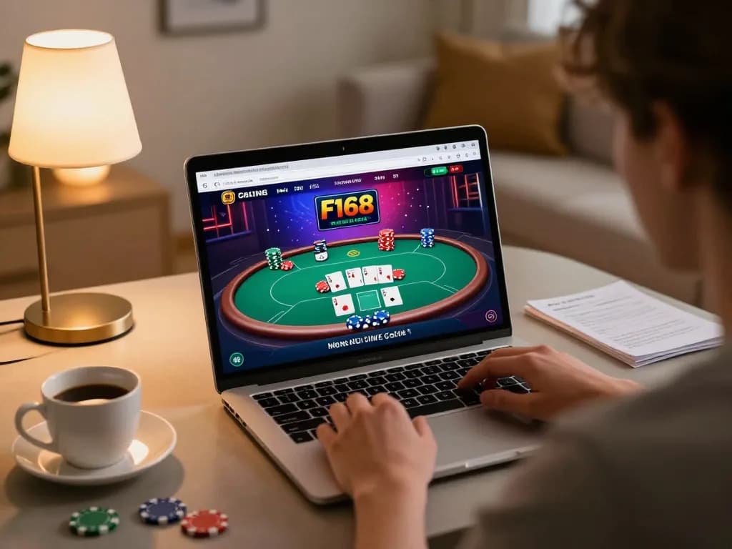 Players engaging with F168 casino on a laptop in a cozy home environment while strategizing.