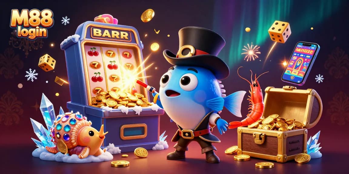 M88 login and enjoy the thrill of slots with a dynamic 3D illustration of treasures and casino elements.