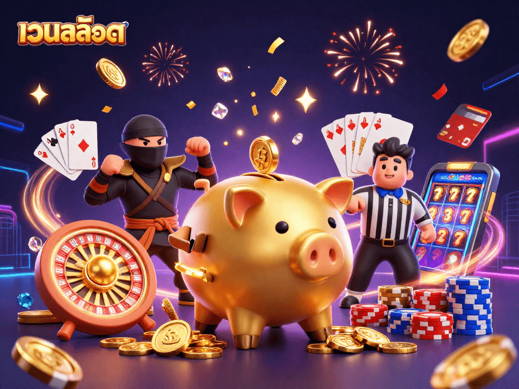 Experience เว็บสล็อต excitement with 3D characters amidst coins and gaming elements in this vibrant illustration.