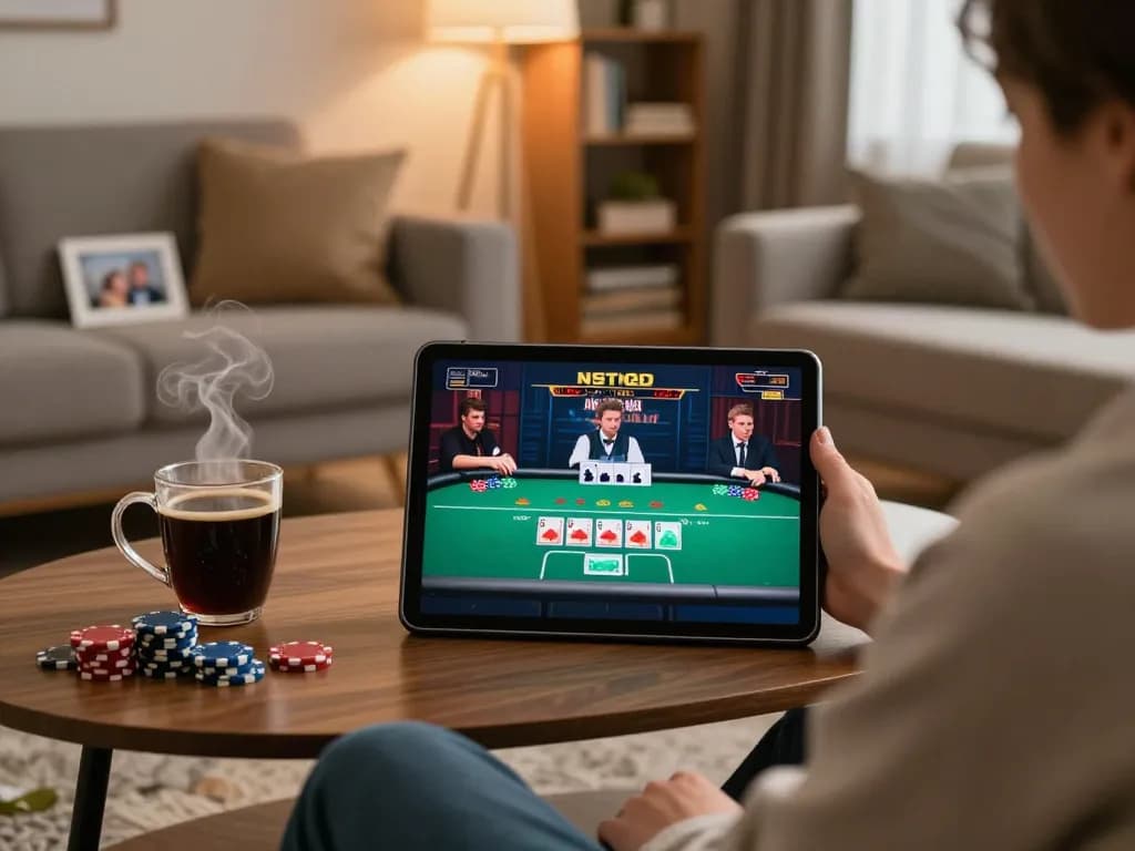 Player engaging in online poker gameplay on a tablet at home, showcasing fo88's thrilling gaming experience.