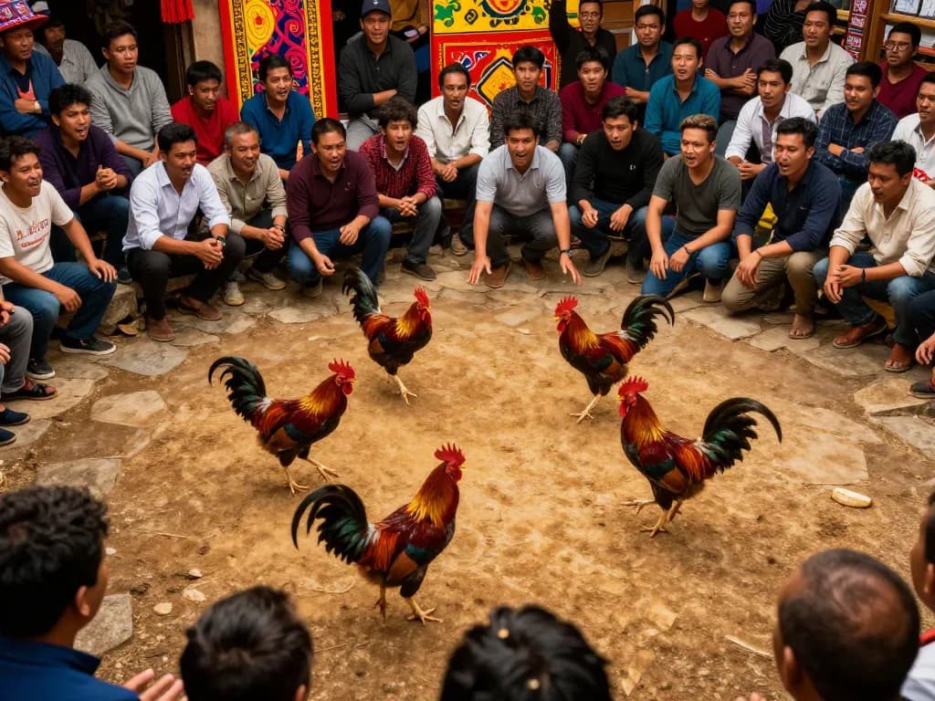 Cảnh tượng của một trận đấu đá gà trực tiếp với những chú gà rực rỡ, thể hiện sự hồi hộp của đá gà Thomo hôm nay