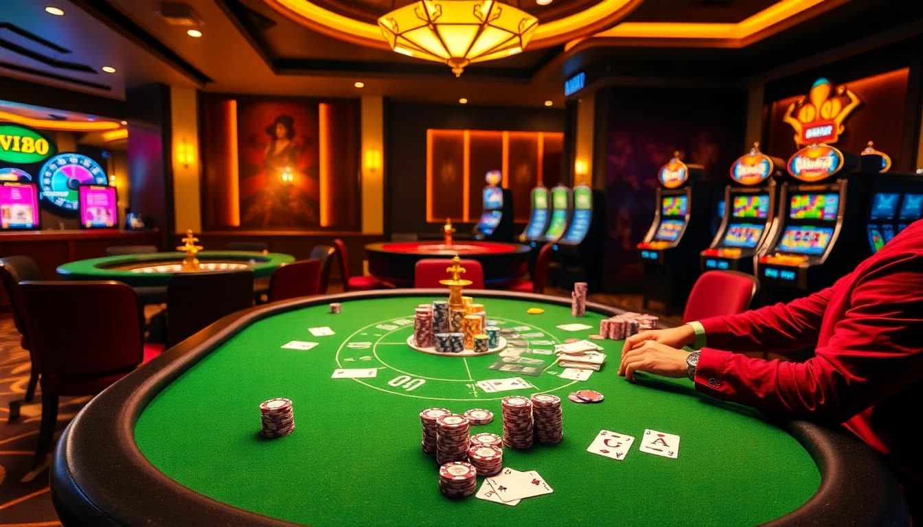 Players enjoying high-stakes games at an LV88 casino table with vibrant chips and cards.