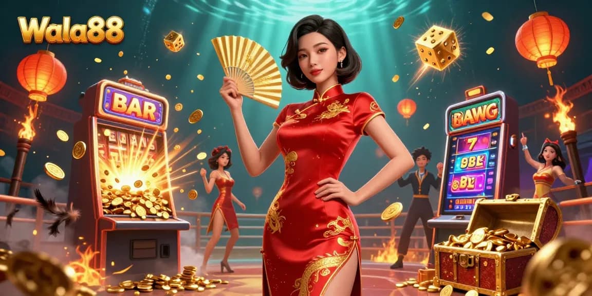 Wala88 showcases an exciting cockfighting scene with a confident woman amidst vibrant gaming elements.