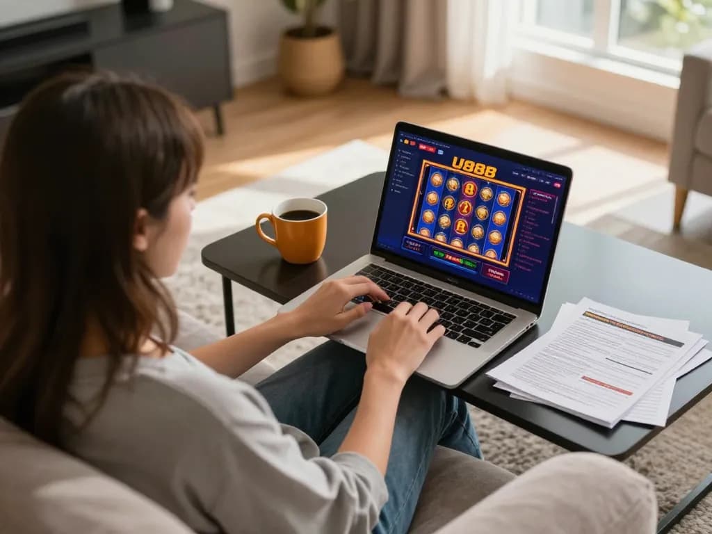 Person engaging with the U888 online casino platform on a laptop at home, highlighting responsible gaming.