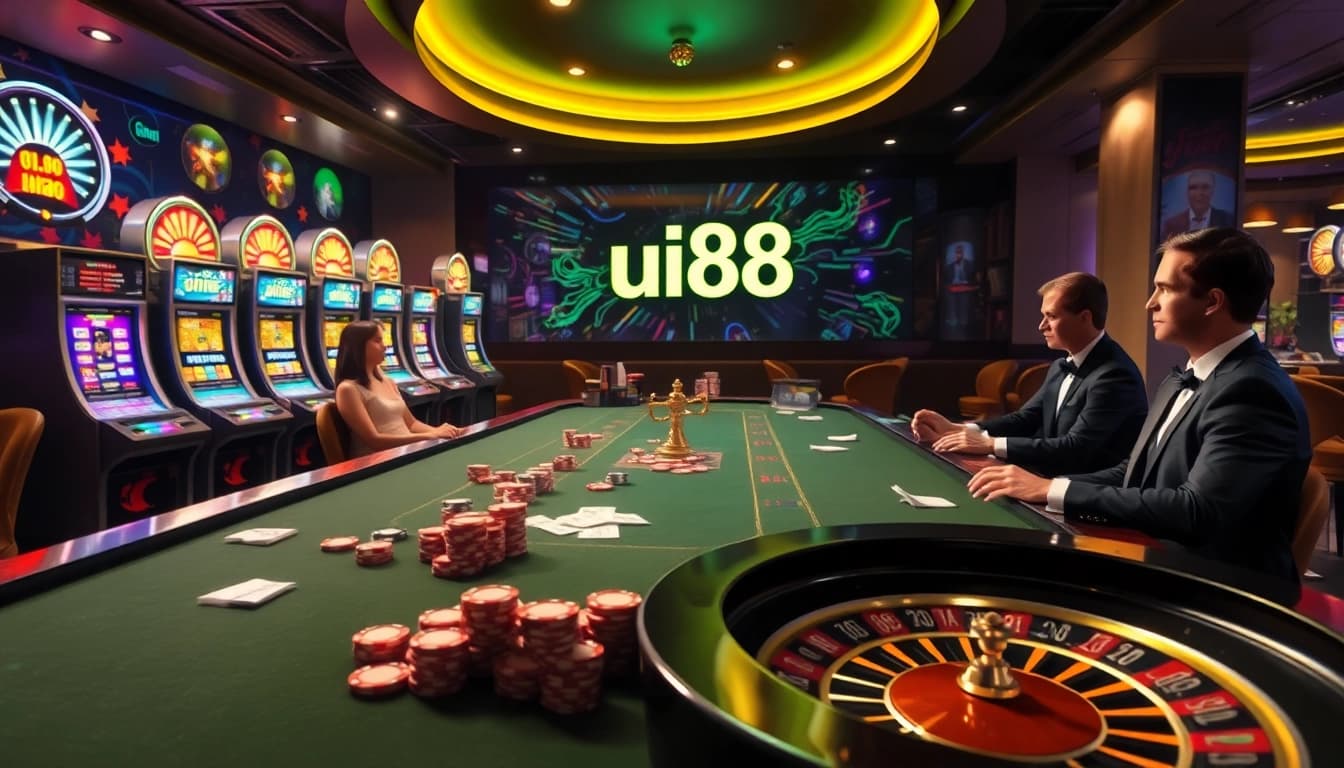 Experience the excitement of gambling at uu88 with a luxurious casino scene featuring poker tables, slot machines, and roulette wheels.