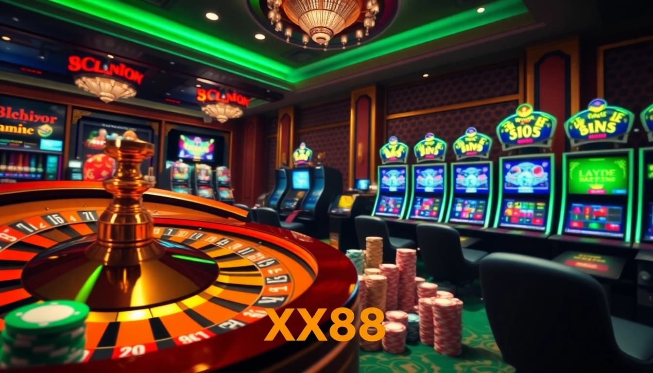 Exciting online gambling scene showcasing XX88's vibrant casino games and poker chips.