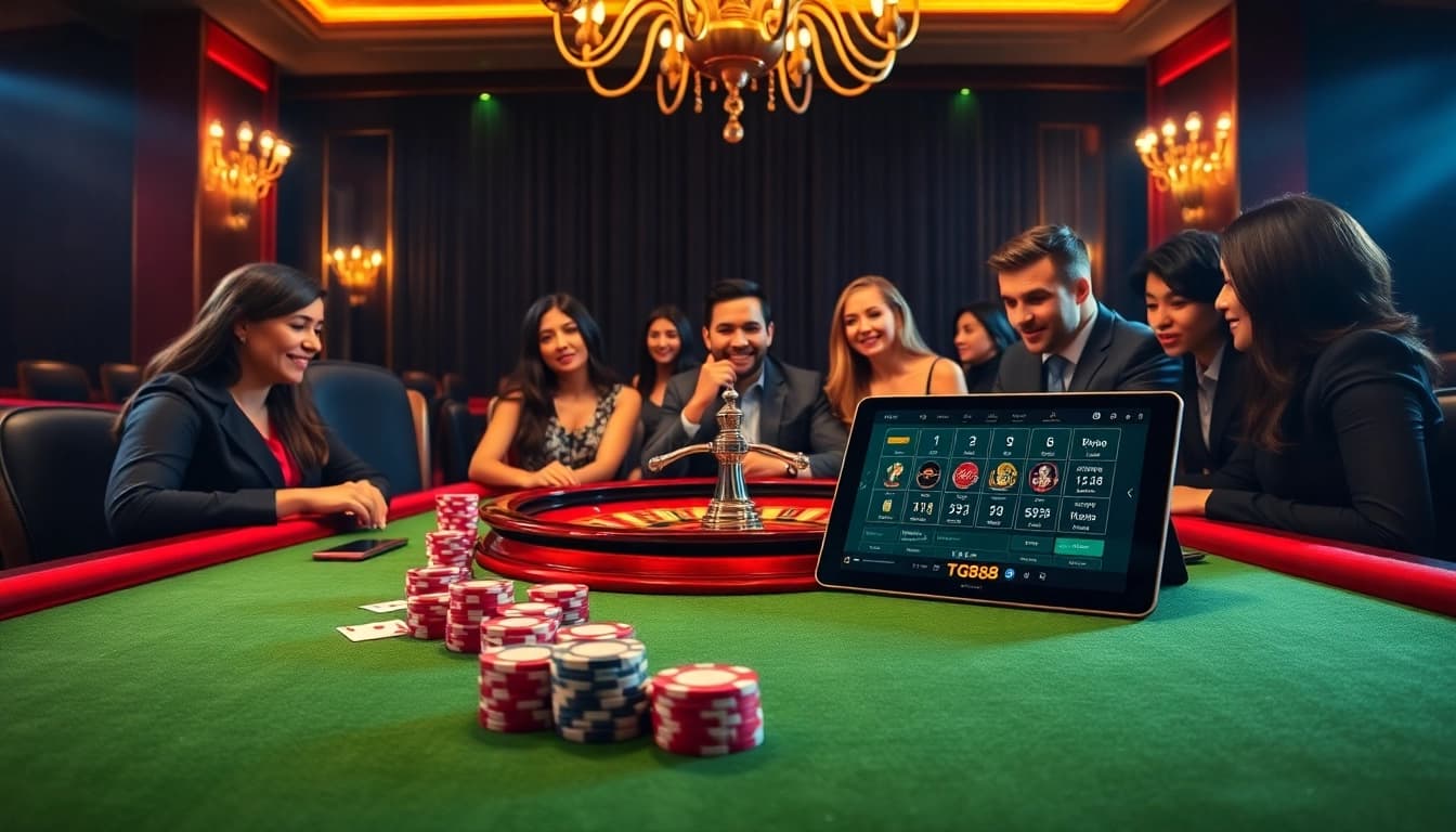 Experience the excitement of tg88 gaming at a luxurious casino table, featuring roulette and poker chips.