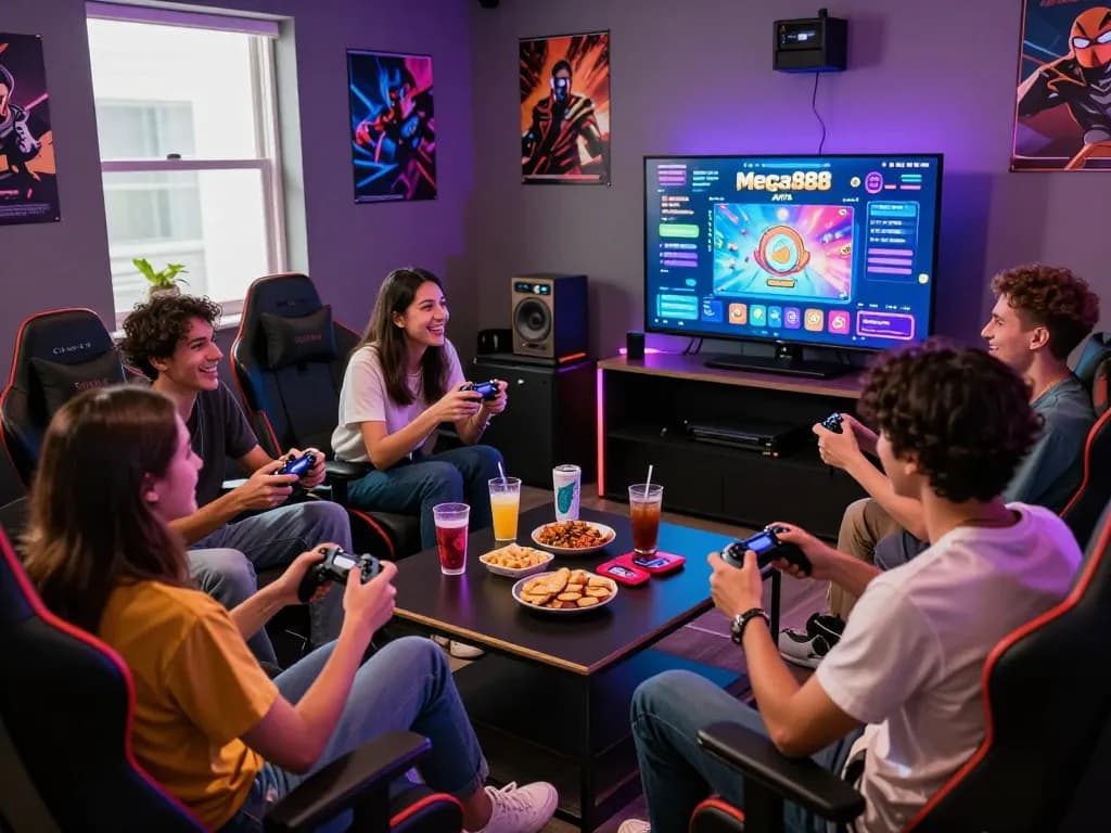 Friends enjoying Mega888 apk gaming in a vibrant lounge with controllers and snacks.