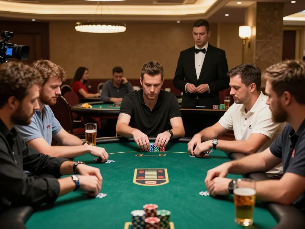 Pemain poker profesional terlibat dalam permainan berisiko tinggi di kasino, menampilkan komunitas berfokus strategi uxplora.