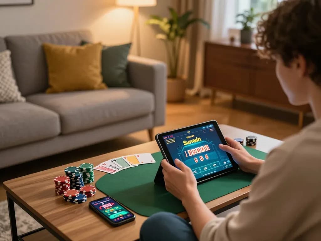 Engaging moment of playing Sunwin on a tablet in a cozy home setting during online gambling