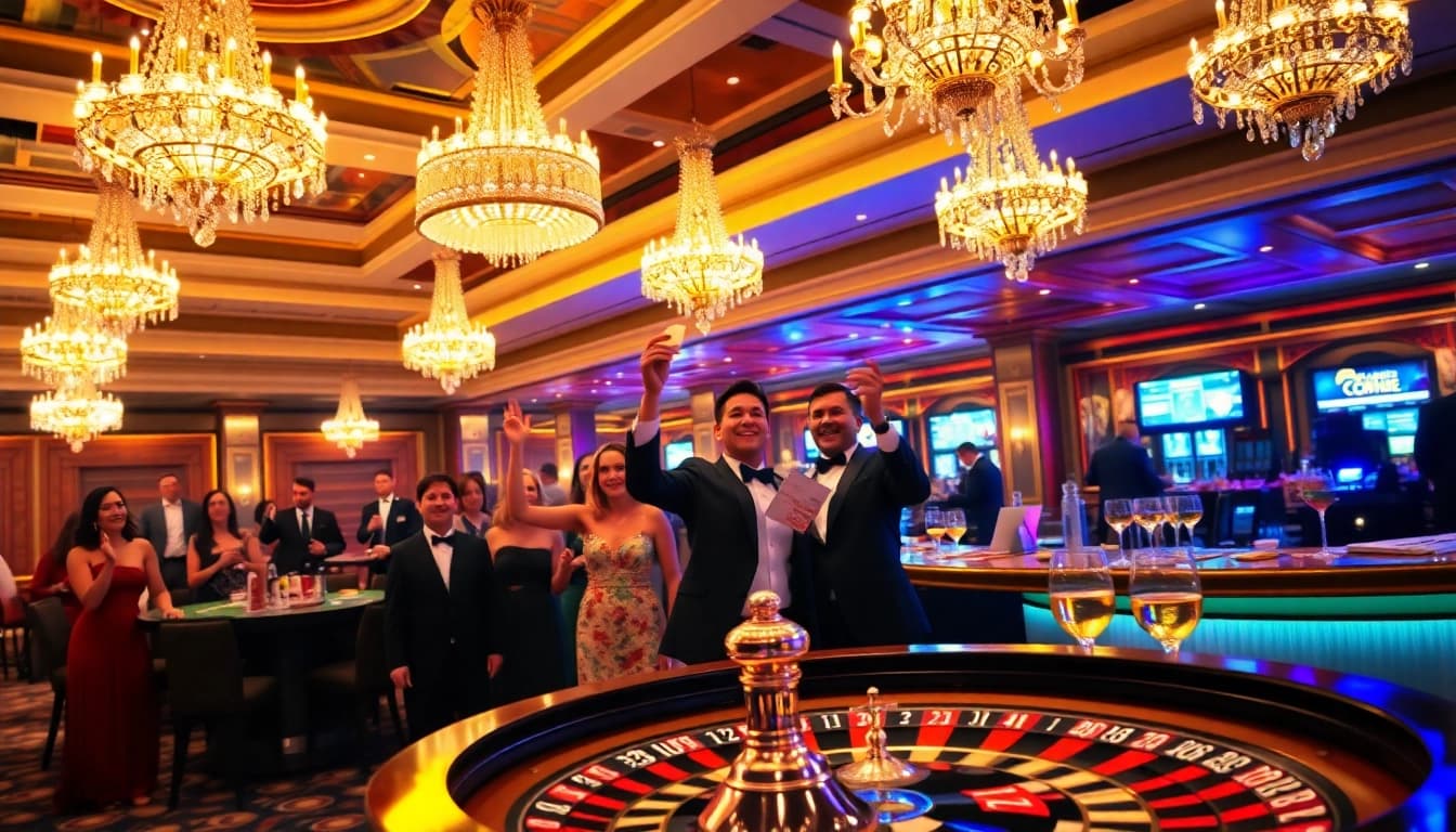 Explosion of a prize-winning lottery celebrated in a luxurious casino atmosphere with glamorous guests.