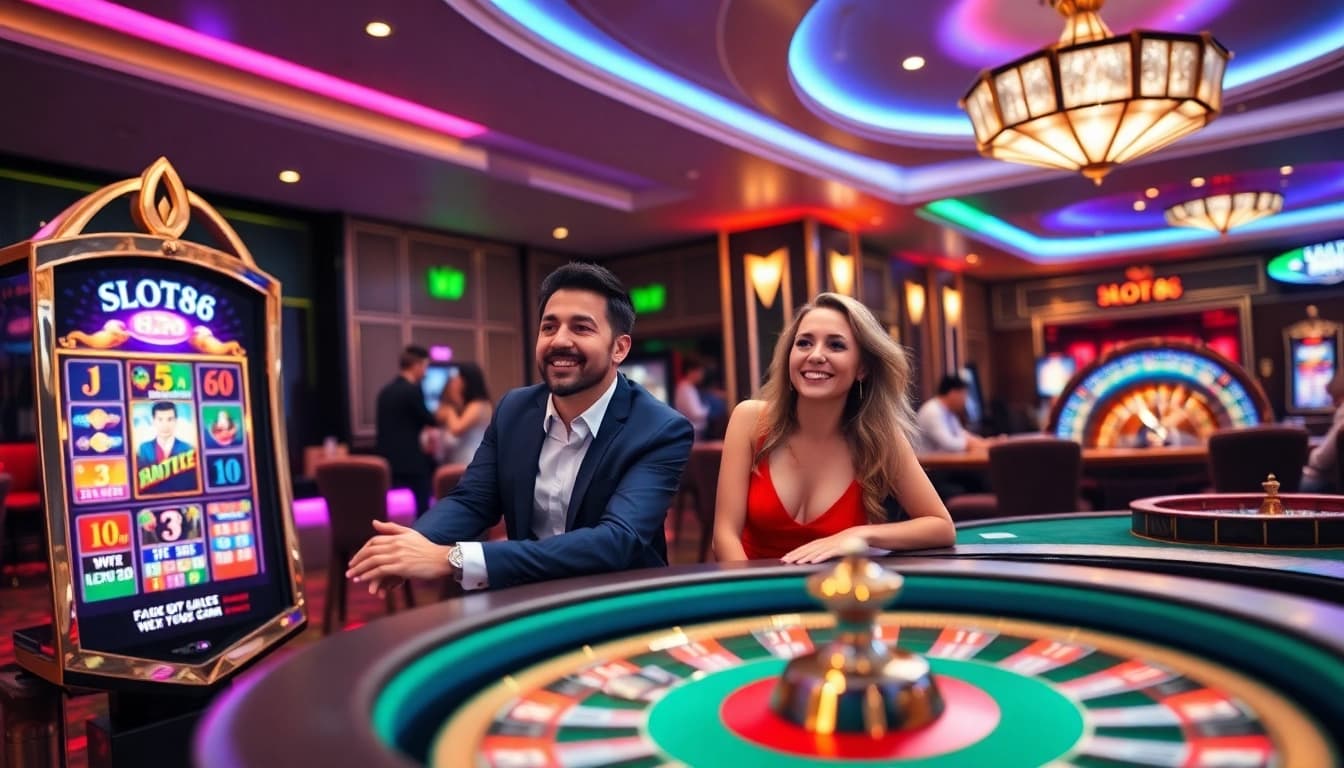 Experience the excitement of SLOT88 as players engage with colorful slot machines.