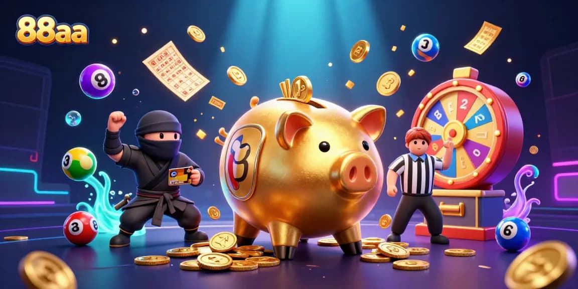Experience the thrill at 88aa with a lively 3D illustration featuring a whimsical sumo wrestler and engaging casino elements.