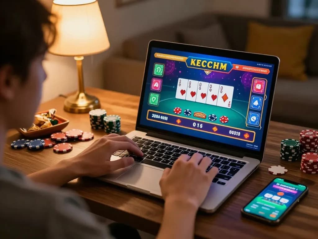 Engaged player at https://rr888.shopping/ enjoying an online casino game in a cozy home setting with chips and snacks.
