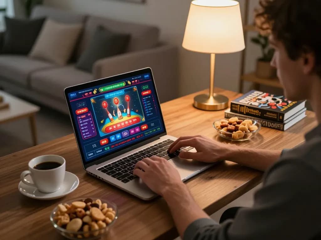 open88 online gaming setup with player engaging on laptop, showcasing vibrant casino game interface