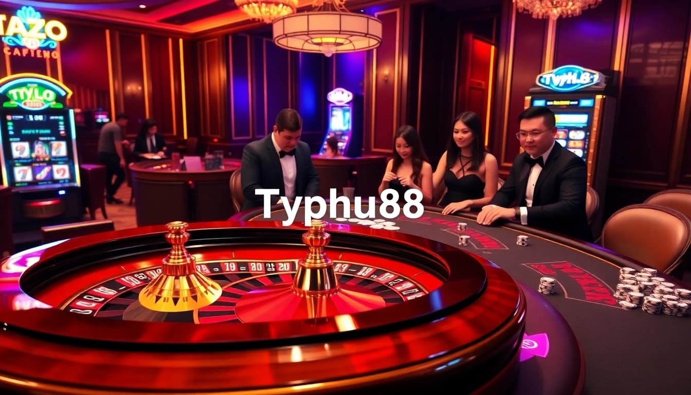 Exciting Typhu88 casino scene with players engaging in roulette and poker, showcasing luxury and thrill.
