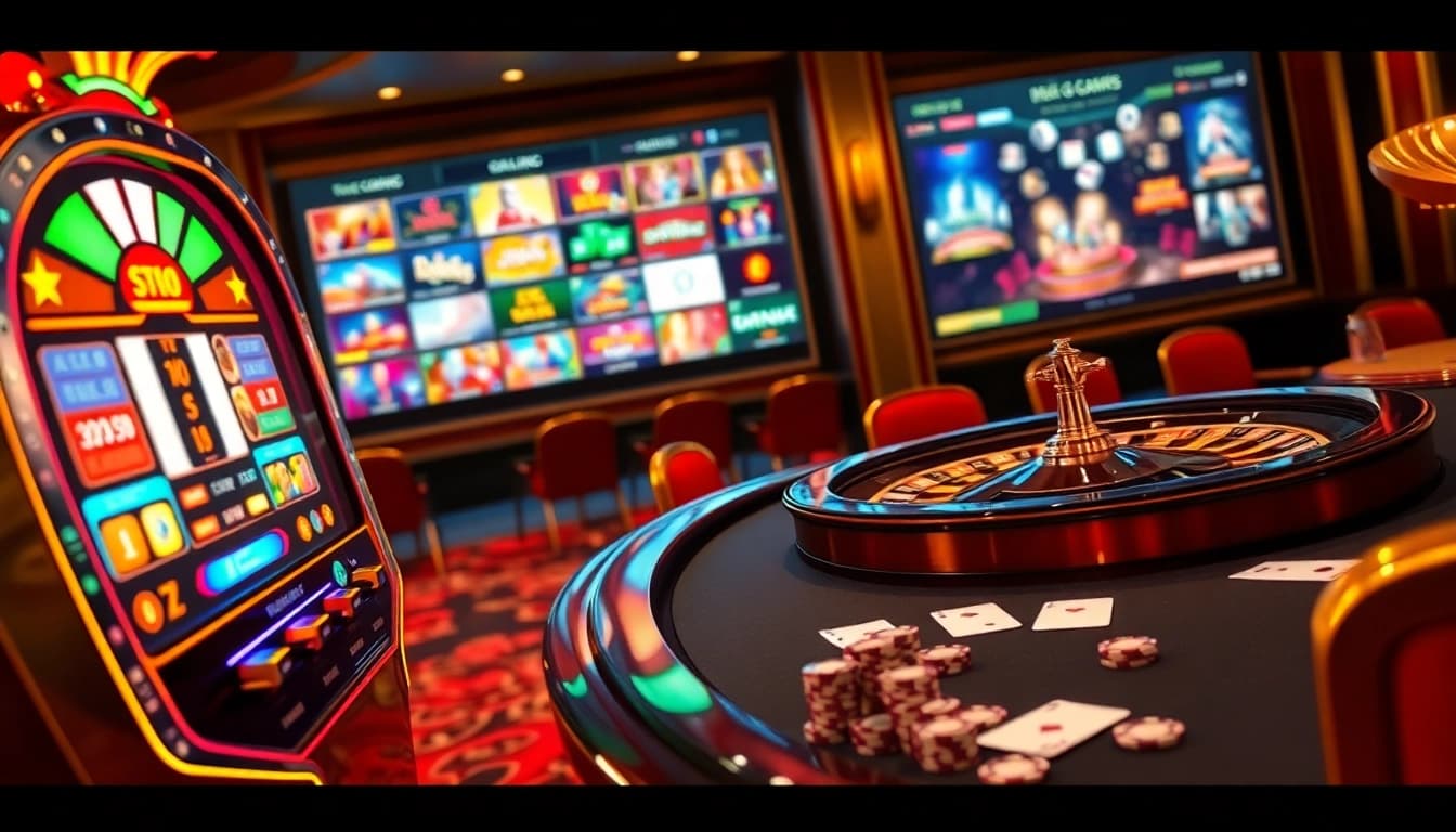 Cổng Game DEBET showcasing dynamic slots and poker games in a luxurious online casino atmosphere.