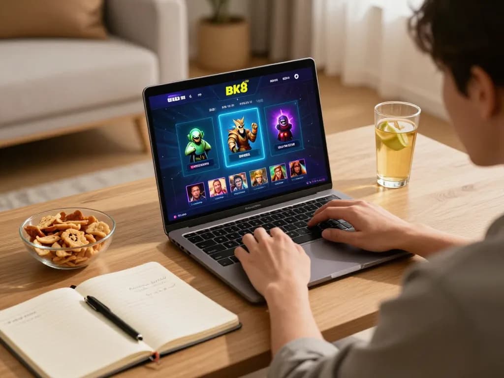 Player engaging with the bk8 online casino platform in a cozy home setup, representing responsible gambling.