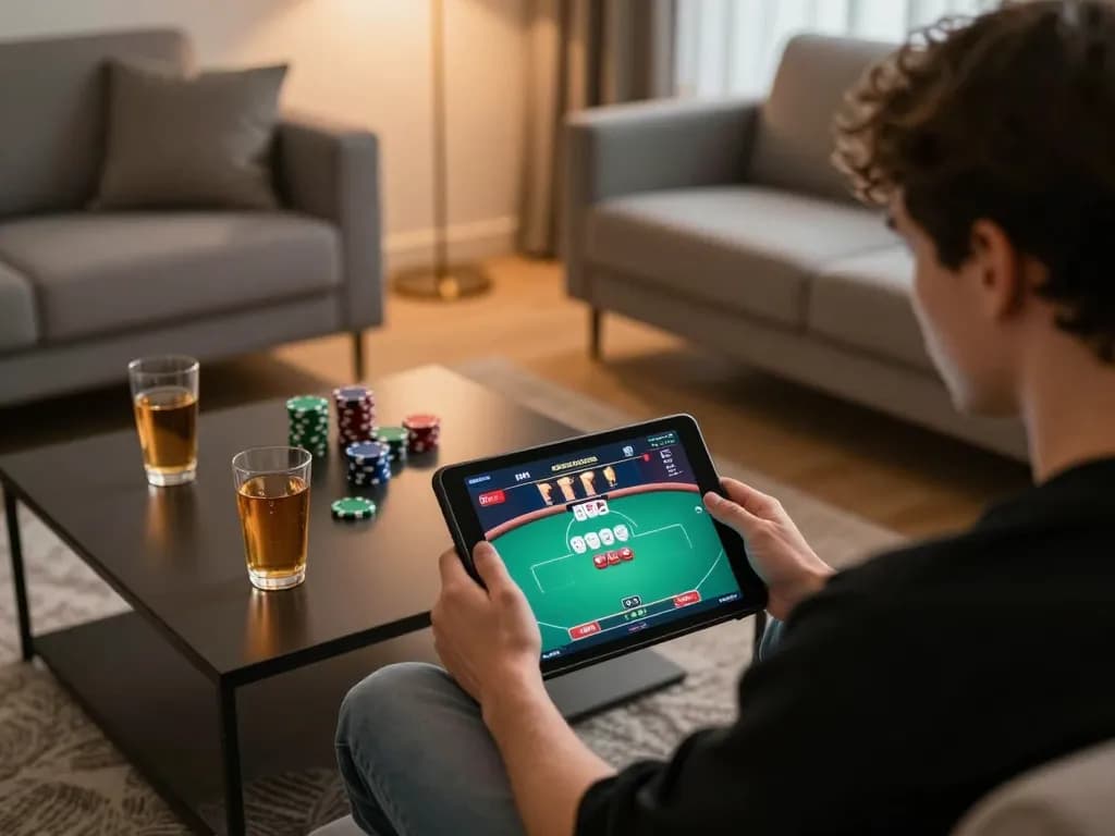 Player enjoying a live poker game on VU88 tablet in a cozy home environment, emphasizing strategic gameplay.