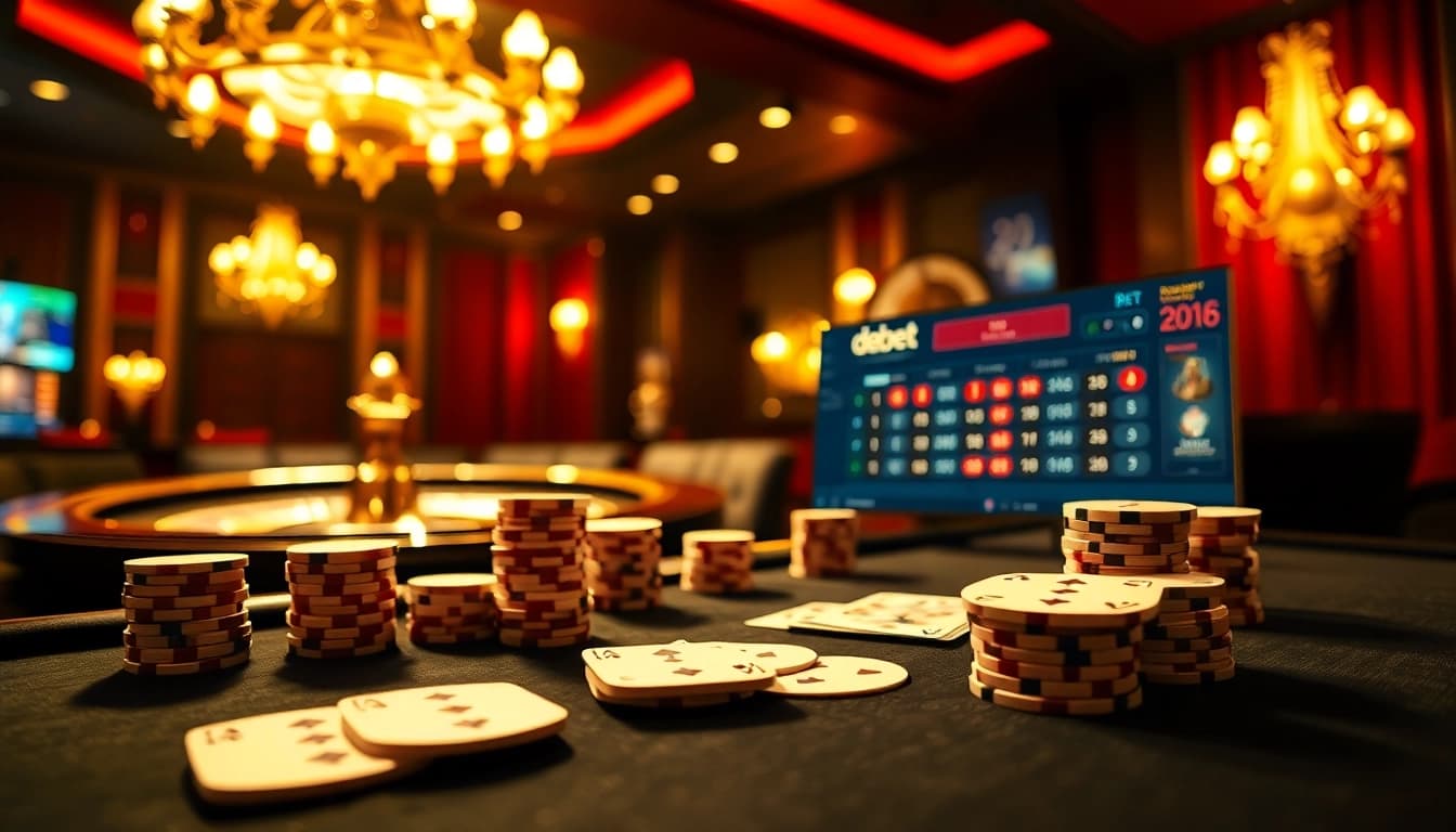 Experience debet betting with poker chips and a vibrant casino atmosphere.