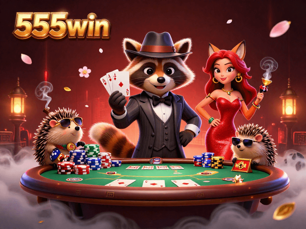 Experience 555win's thrilling gaming scene with a suave raccoon, charming fox, and vibrant casino elements.
