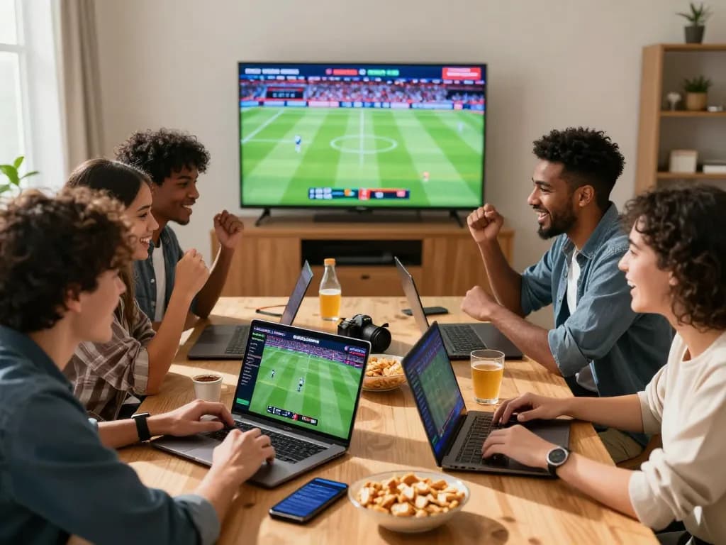 Group enjoying an exciting game night discussing SBOBET88 bets, vibrant casual atmosphere, live sports event on TV.