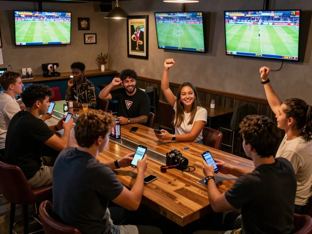 Experience the thrill of sports betting with friends at a lively bar, showcasing nn888 excitement and camaraderie