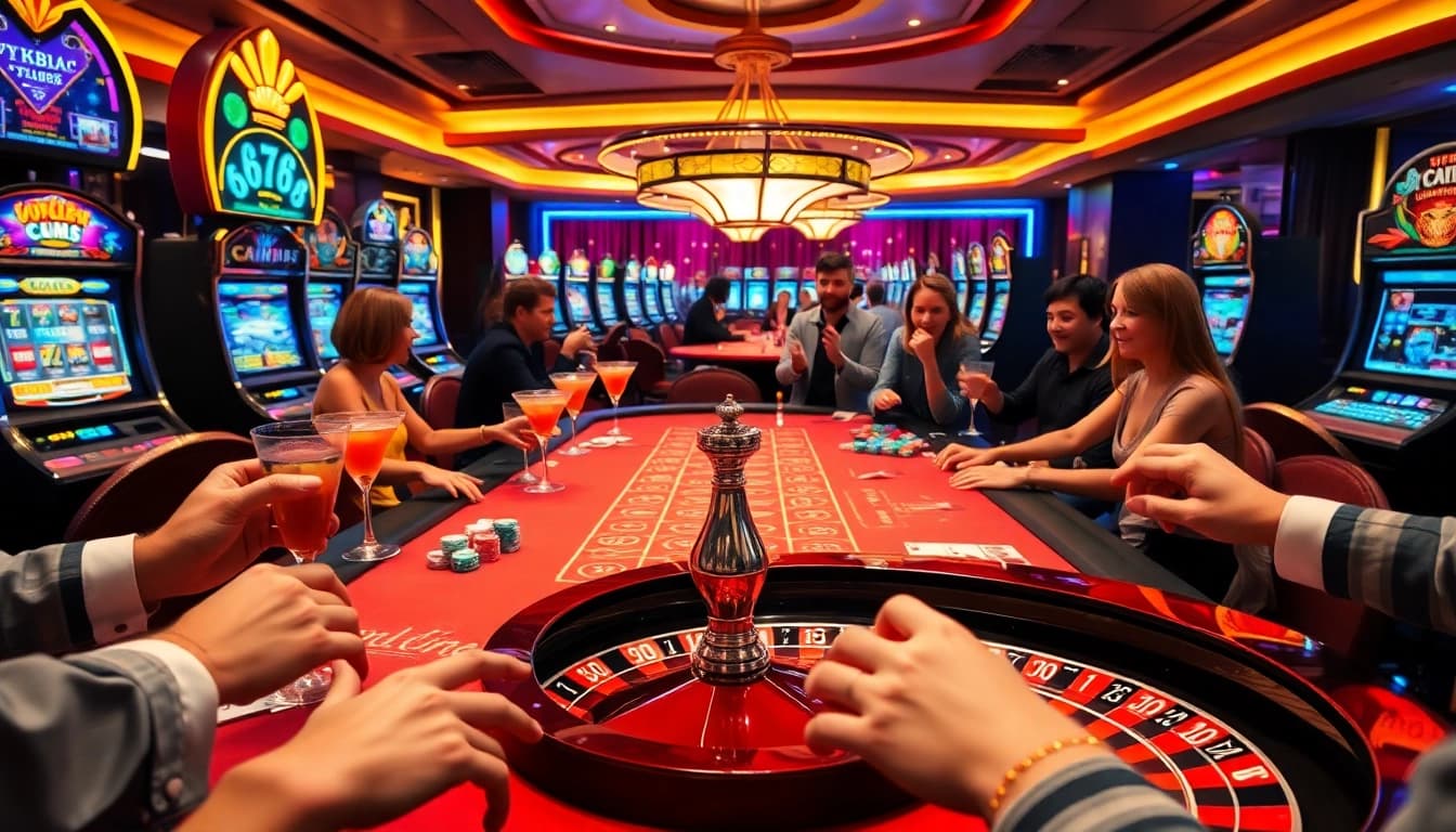 Players enjoying the tk88 casino experience with lively gaming tables and slot machines.