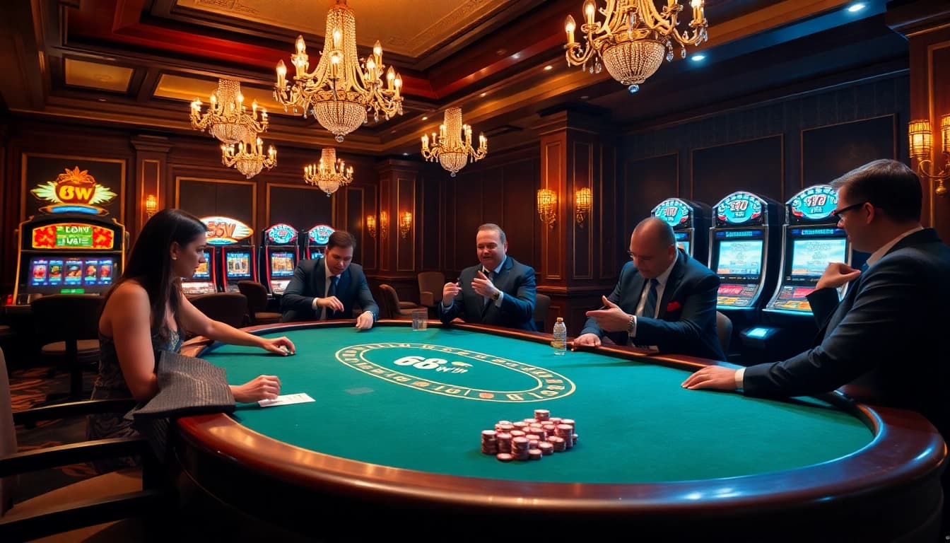 Players enjoying an exhilarating gaming experience at 68win’s luxurious casino, featuring poker tables and vibrant slot machines.