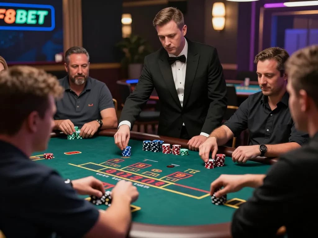 Players engage in a strategic blackjack game at F8BET, showcasing the excitement of live dealer interactions.