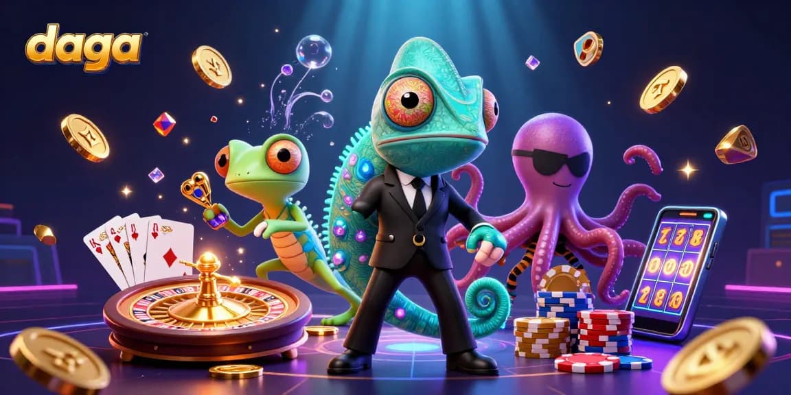 Experience thrilling gaming action at daga with animated characters amidst a vibrant casino environment.