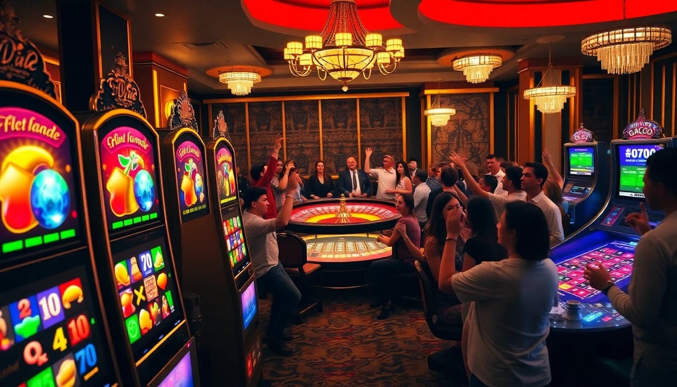 Slot Gacor players celebrating wins at a vibrant casino filled with colorful slot machines and roulette tables.