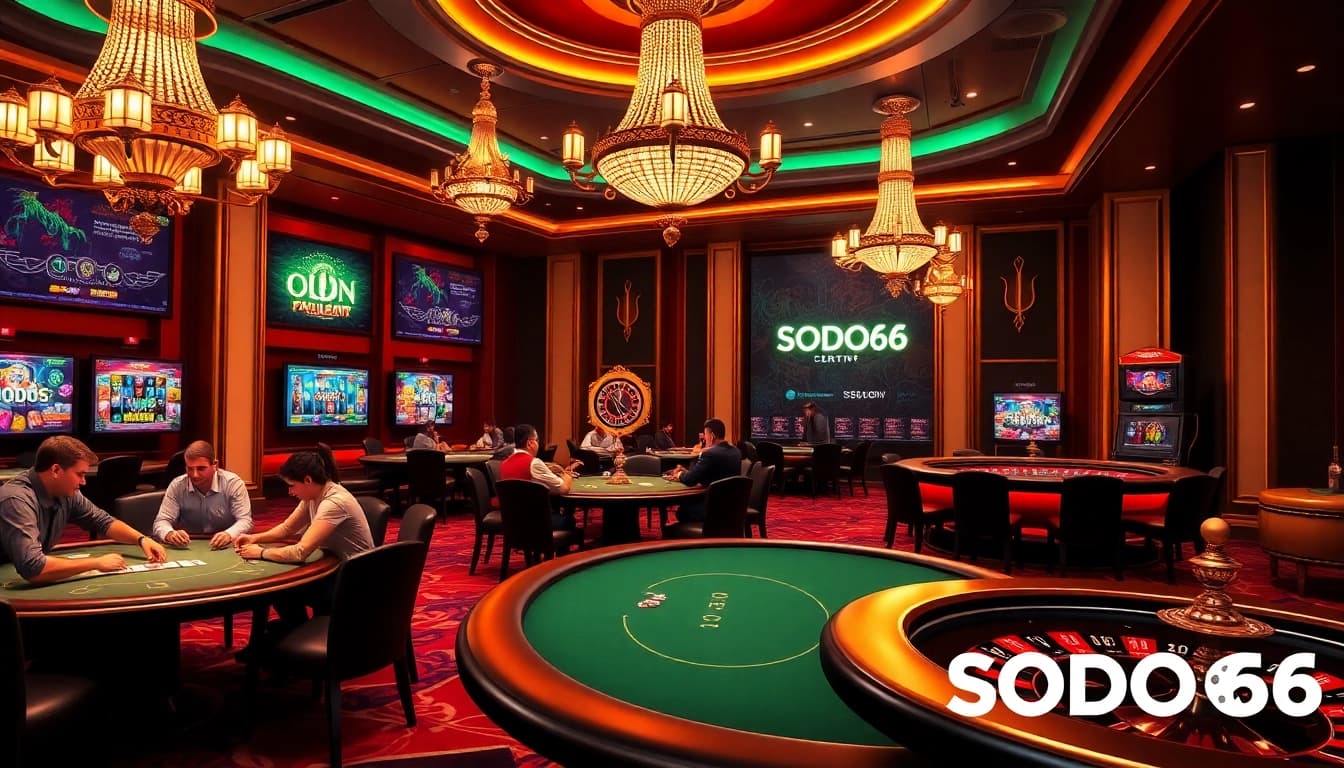 SODO66 online casino environment showcasing poker tables, slot games, and excitement.