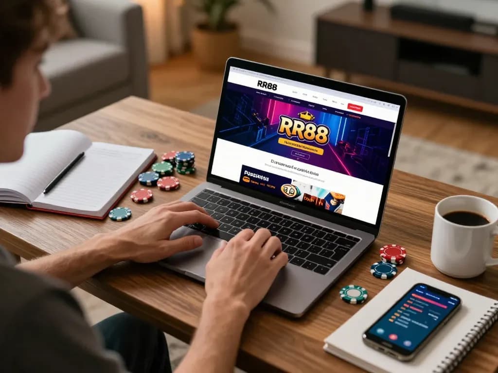 Engaging gaming scene showing a user at https://rr88.select/ enjoying online betting experience with strategic notes