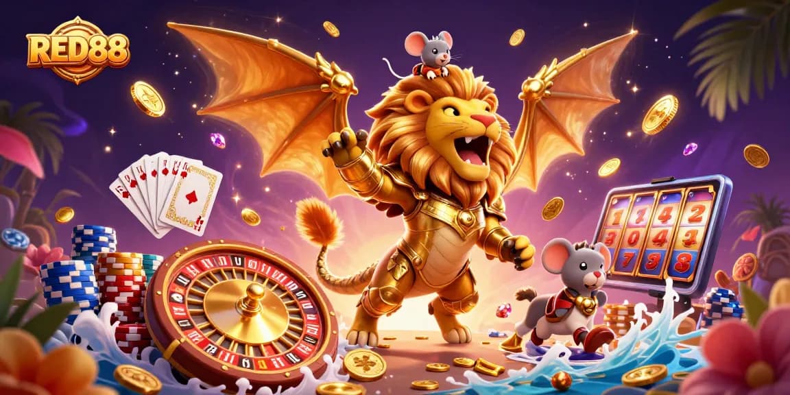 Engage in thrilling casino adventures with RED88, featuring a vibrant chimera and dynamic gaming elements.