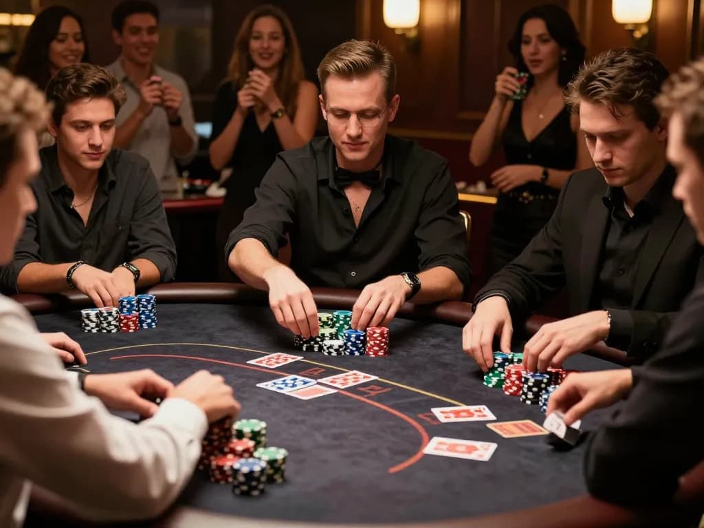 nk88 players engaging at a poker table, chips and cards creating an exciting atmosphere.
