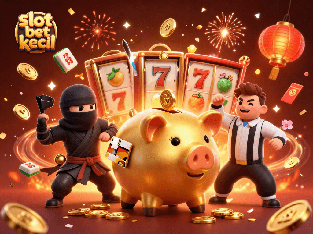Exciting slot bet kecil scene with a golden piggy bank sumo wrestler amidst vibrant casino elements.