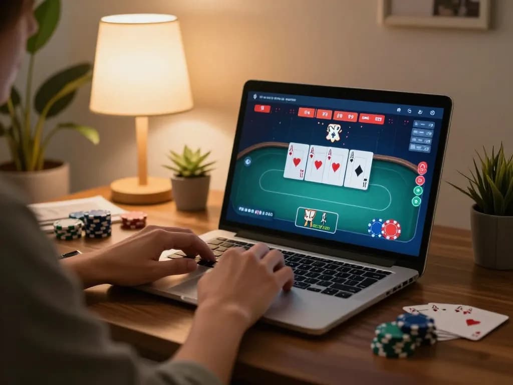 Person playing poker online at 789club in a cozy living room, focusing on strategy and gameplay.