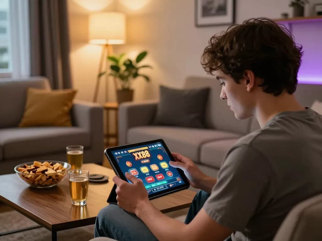 Players engaging in online gaming at XX88 from a cozy living room, showcasing a vibrant and interactive gaming environment.