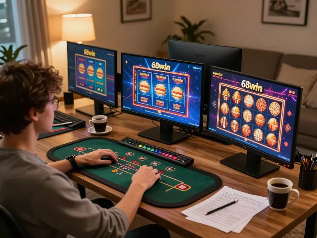 Engaging in online casino games on 68win, showcasing a cozy home gaming setup with strategy notes and multiple screens.