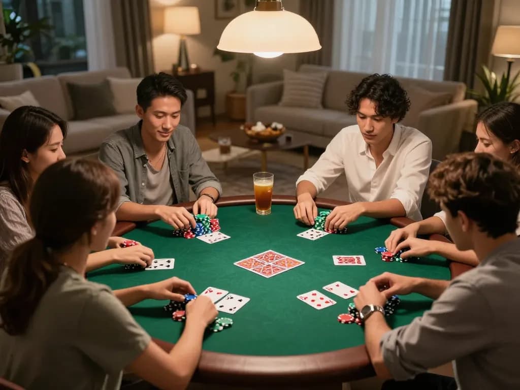 Players enjoying an engaging poker night at home, strategizing while experiencing VA88's gaming thrills.