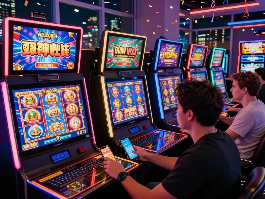 Adegan menarik pemain yang menikmati permainan situs slot gacor online dengan mesin slot yang cerah dan perangkat interaktif, menangkap kegembiraan perjudian virtual.