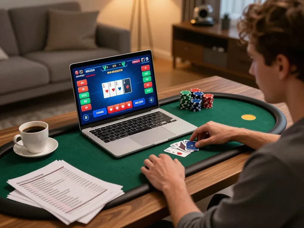 iwin player engaging in online poker gameplay at home, showcasing a strategic betting setup