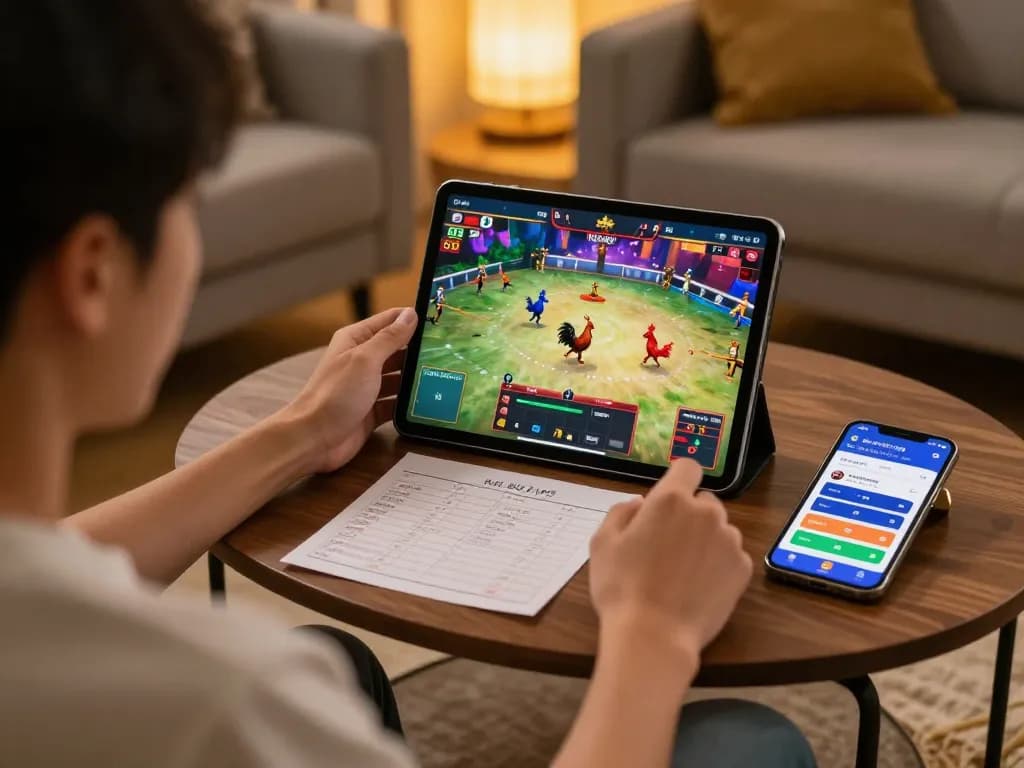 Watching trực tiếp đá gà on tablet during home gaming session, showcasing excitement and engagement.