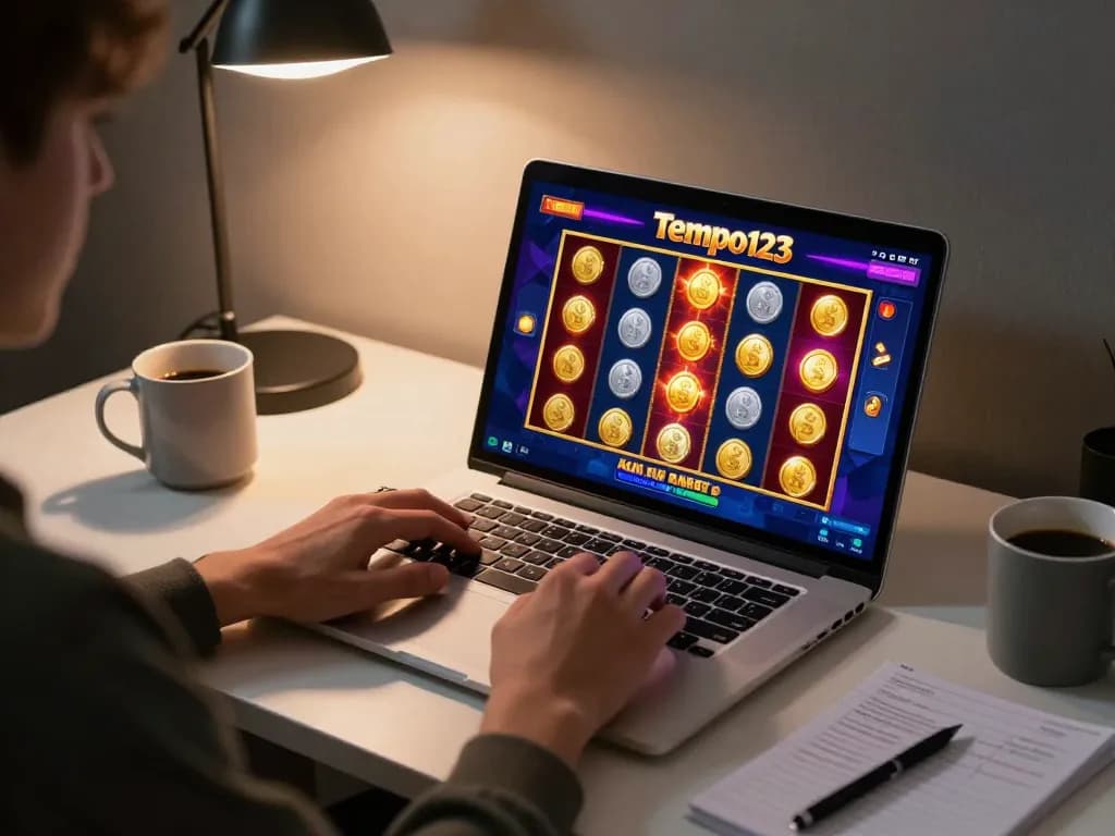 Mainkan Login Tempo123 di antarmuka slot online yang penuh warna dengan animasi kemenangan dan permainan yang menarik.