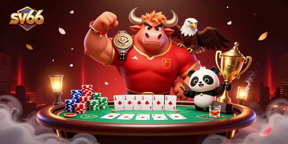 Engage with sv66's thrilling 3D gaming landscape featuring a spirited bull, eagle, and panda.