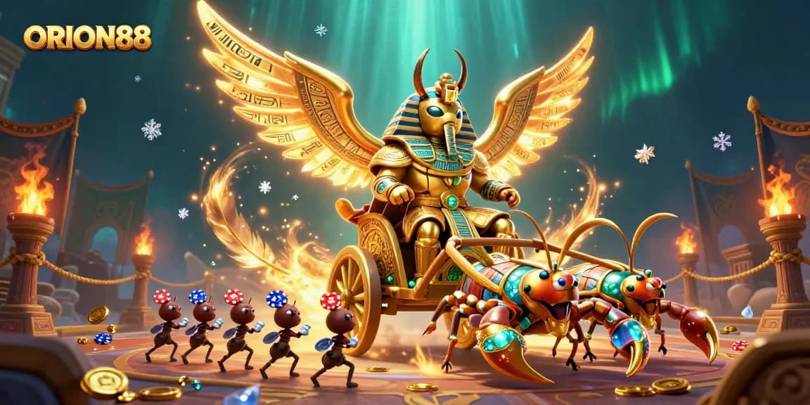 Engage with ORION88's slot action featuring a golden scarab and scorpions amidst swirling gold and dynamic elements.