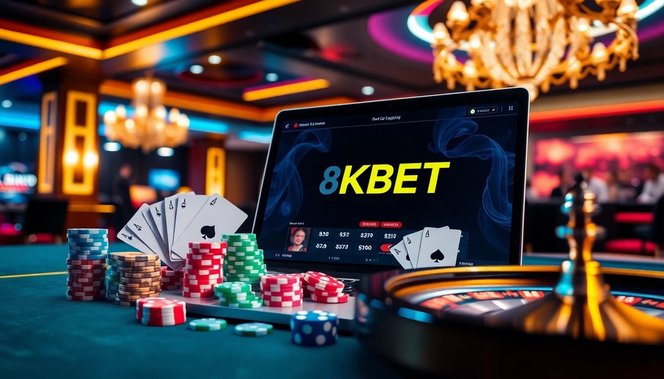 Experience high-stakes gaming with 8KBET at a luxurious casino featuring poker chips and a roulette wheel.