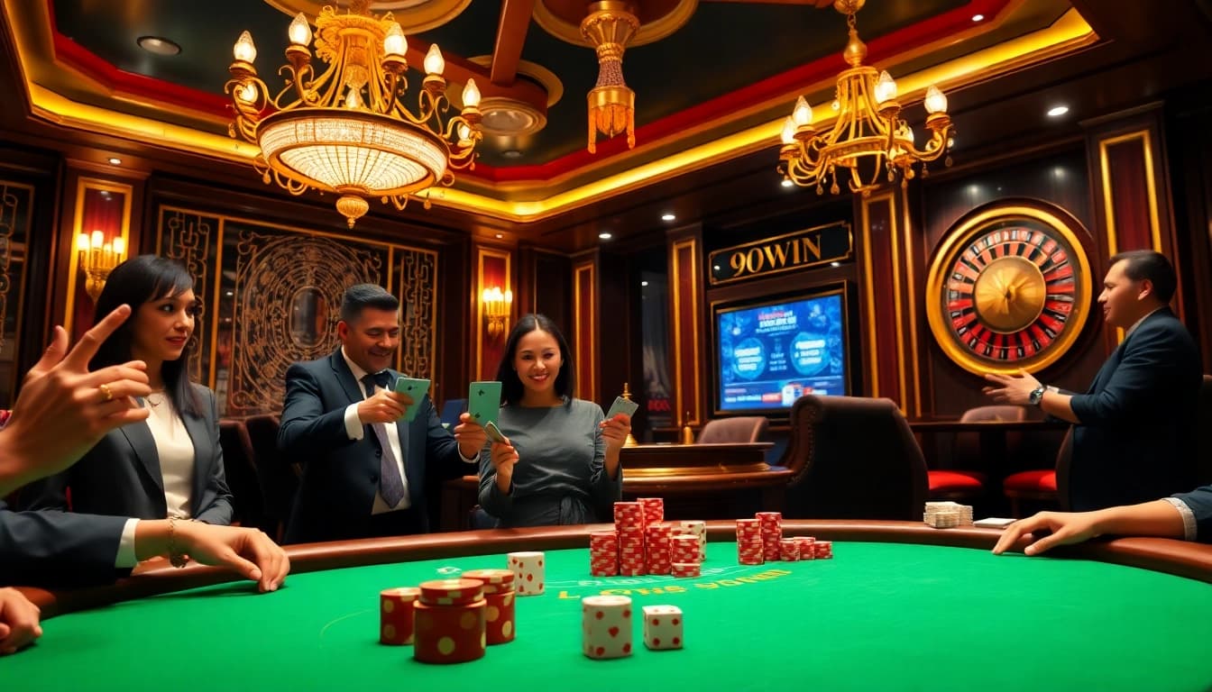 A vibrant blackjack scene at a luxurious casino featuring players celebrating their wins with 99win.