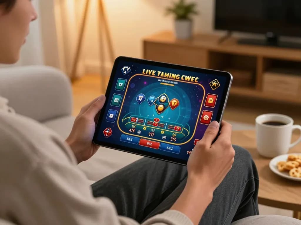 ta88 online gaming experience on tablet in a cozy living space with snacks and warm lighting